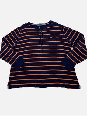 Lauren Ralph Lauren Navy and Orange Striped Long Sleeve Henley Tee